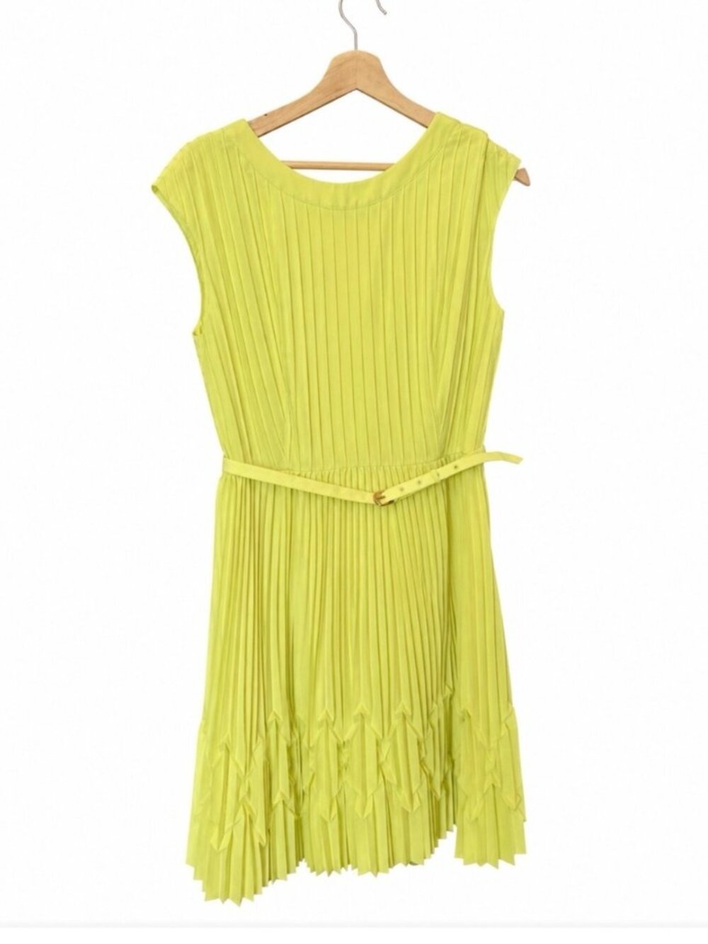 Ted Baker Lime Green Yellow Pleated Dress Size 2 Chic Designer Occasion Dress - Picture 13 of 13